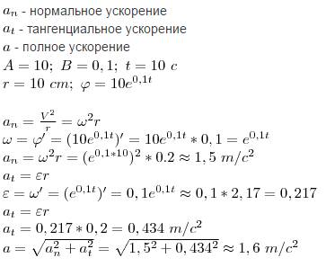 Диск радиусом 10 см вращается согласно уравнению φ=ae^bt, где a= 10 рад, b=0,1 c^-1. определить полн