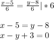 \frac{x-5}{6}=\frac{y-8}{6}|*6\\\\x-5=y-8\\x-y+3=0