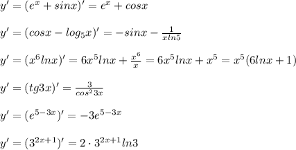 y'=(e^{x}+sinx)'=e^{x}+cosx\\\\y'=(cosx-log_5x)'=-sinx-\frac{1}{xln5}\\\\y'=(x^6lnx)'=6x^5lnx+\frac{x^6}{x}=6x^5lnx+x^5=x^5(6lnx+1)\\\\y'=(tg3x)'=\frac{3}{cos^23x}\\\\y'=(e^{5-3x})'=-3e^{5-3x}\\\\y'=(3^{2x+1})'=2\cdot 3^{2x+1}ln3