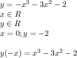 y=-x^3-3 x^{2} -2 \\ x \in R \\ y \in R \\ x=0; y=-2 \\ \\ y(-x)=x^3-3 x^{2} -2