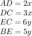 AD=2x\\&#10;DC=3x\\&#10;EC=6y\\&#10;BE=5y\\\&#10;