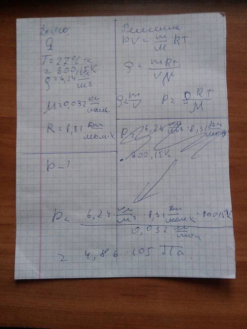 Под каким давлением находится кислород в , если при температуре 27°с его плотность 6,24 кг/м3
