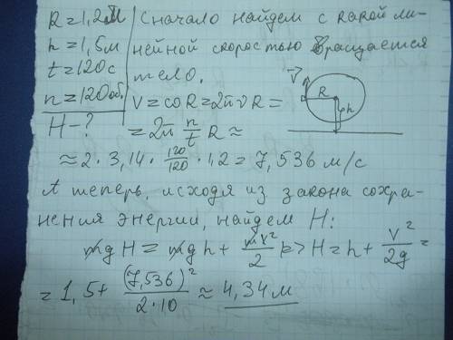 На веревке длиной 1.2 метра тело вращается в вертикальной плоскости так, что за 2 мин веревка делает