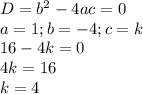 D=b^2-4ac=0\\a=1;b=-4;c=k\\16-4k=0\\4k=16\\k=4