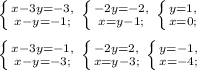 \left \{ {{x-3y=-3,} \atop {x-y=-1;}} \right. \left \{ {{-2y=-2,} \atop {x=y-1;}} \right. \left \{ {{y=1,} \atop {x=0;}} \right. \\ \\ \left \{ {{x-3y=-1,} \atop {x-y=-3;}} \right. \left \{ {{-2y=2,} \atop {x=y-3;}} \right. \left \{ {{y=-1,} \atop {x=-4;}} \right.