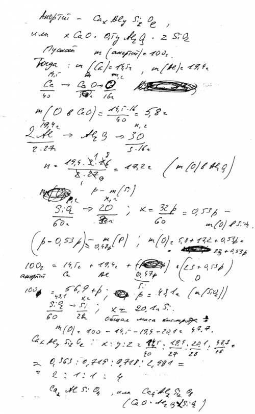 Минерал анортит содержит 14,5 % кальция, 19,4 % алюминия, а остальное - кремний и кислород. выведите