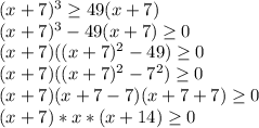 (x+7)^3 \geq 49(x+7)\\(x+7)^3-49(x+7) \geq 0\\(x+7)((x+7)^2-49) \geq 0\\(x+7)((x+7)^2-7^2) \geq 0\\(x+7)(x+7-7)(x+7+7) \geq 0\\(x+7)*x*(x+14) \geq 0