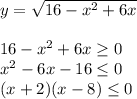 y= \sqrt{16-x^2+6x}\\\\16-x^2+6x \geq 0\\x^2-6x-16 \leq 0\\(x+2)( x-8) \leq 0