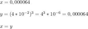 x=0,000064 \\ \\ y=(4*10 ^{-2} ) ^{3} =4 ^{3} *10 ^{-6} =0,000064 \\ \\ x=y