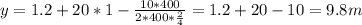 y=1.2+20*1- \frac{10*400}{2*400* \frac{2}{4} } =1.2+20-10=9.8m