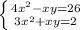 \left \{ {{4 x^{2} -xy=26} \atop {3 x^{2}+xy =2}} \right.