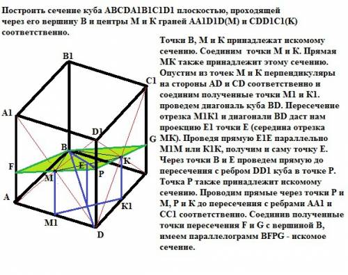 Построить сечение куба abcda1b1c1d1 плоскостью, проходящей через его вершину b и центры м и к граней