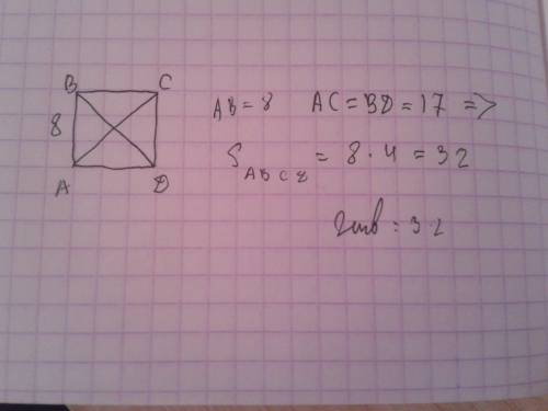 Впараллелорамме авсд ав=8,ас=вд=17. найдите площадь параллелограмма.