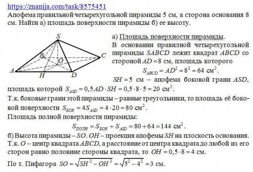 Апофема правильної чотирикутної піраміди 5 см а сторона основи 8 см знайти а)площу поверхні піраміди