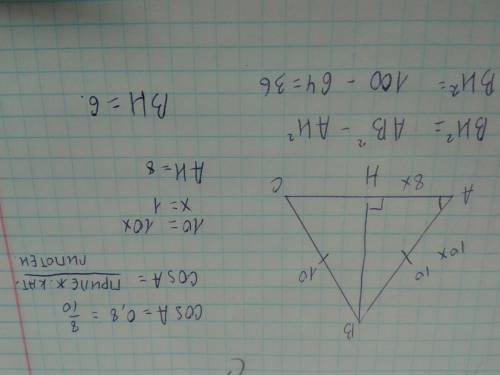 Вравнобедренном треугольнике авс с основание ас боковая сторона ав равна 10 а cos угла а равен 0,8.н