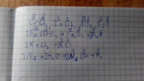 Найди валентность 1)cro3,zncl2,no2,bao 2)fe(oh)3⇒fe2o3+h2o k+cl2⇒kcl na+h2o⇒naoh+h2