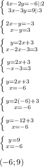 \left \{{{4x-2y=-6|:2}\atop {3x-3y=9|:3}}\right.\\\\\left\{{{2x-y=-3}\atop {x-y=3}}\right.\\\\\left \{{{y=2x+3} \atop {x-2x-3=3}}\right.\\\\\left\{{{y=2x+3}\atop{-x-3=3}}\right.\\\\\left\{{{y=2x+3}\atop{x=-6}} \right.\\\\\left\{{{y=2(-6)+3} \atop {x=-6}} \right.\\\\\left \{{{y=-12+3}\atop{x=-6}} \right.\\\\\left\{ {{y=9} \atop {x=-6}} \right.\\\\(-6;9)