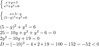 \left \{{{x+y=5}\atop {x^2+y^2=6}} \right.\\\\\left\{{{x=5-y}\atop {(5-y)^2+y^2=6}}\right.\\\\(5-y)^2+y^2=6\\25-10y+y^2+y^2-6=0\\2y^2-10y+19=0\\D=(-10)^2-4*2*19=100-152=-52