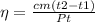 \eta = \frac{cm(t2-t1)}{Pt}