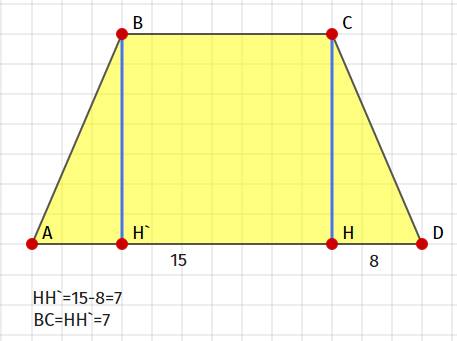 Высота равнобедренной трапеции, проведеная с вершиной с делит основания аd отрезки длиной 8 и 15.най