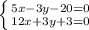 \left \{ {{5x-3y-20=0} \atop {12x+3y+3=0}} \right.