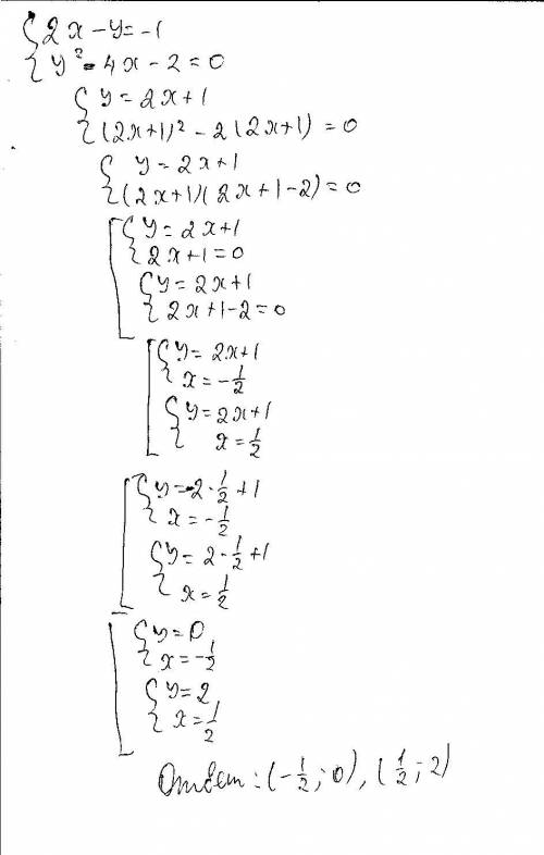 Решите систему уравнений (система) 2x-y=-1 у^2-4x-2=0