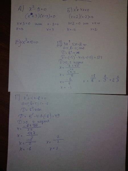 Решите квадратное уравнение: а) х в квадрате-9=0 б) х в квадрате+4х=0 в) х в квадрате+10=0 г) х в кв