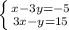 \left \{ {{x-3y = -5} \atop { 3x-y = 15}} \right.