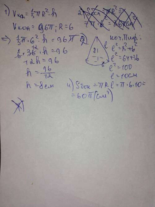 Объем конуса с радиусом основания 6 см равен 96л см. вычислить! площадь боковой поверхности конуса.​