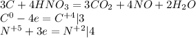 3C + 4HNO_3 = 3CO_2 + 4NO + 2H_2O \\ C^0 -4e = C^{+4}|3 \\ N^{+5} +3e = N^{+2}|4