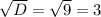 \sqrt{D} = \sqrt{9} =3