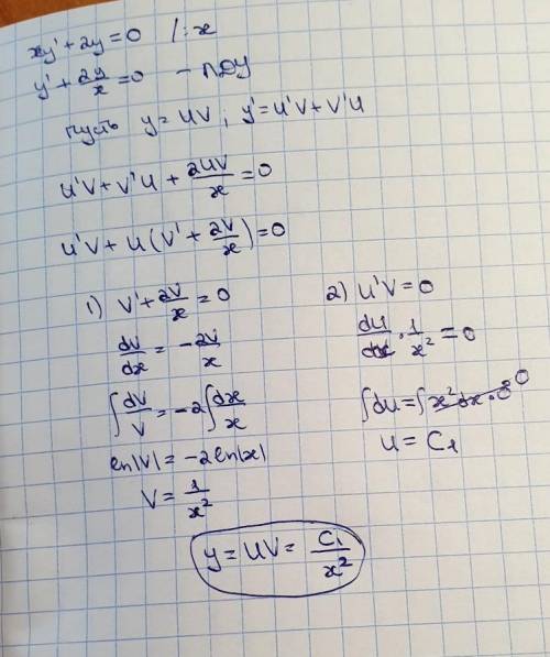 Найти общее решение дифференциального уравнение xy'+2y=0