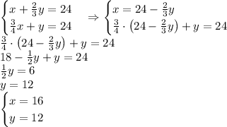 \begin{cases}x+\frac23y=24\\\frac34x+y=24\end{cases}\Rightarrow\begin{cases}x=24-\frac23y\\\frac34\cdot\left(24-\frac23y\right)+y=24\end{cases}\\\frac34\cdot\left(24-\frac23y\right)+y=24\\18-\frac12y+y=24\\\frac12y=6\\y=12\\\begin{cases}x=16\\y=12\end{cases}