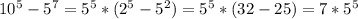 10^{5}-5^{7}=5^{5}*(2^{5}-5^{2})=5^{5}*(32-25)=7*5^{5}