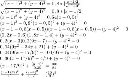 \sqrt{(x-1)^2+(y-4)^2}=0,8*| \frac{x-1/2}{ \sqrt{1^2+0^2} } | \\ \sqrt{(x-1)^2+(y-4)^2}=0,8*|x-1/2| \\ (x-1)^2+(y-4)^2=0,64(x-0,5)^2 \\ (x-1)^2-0,8^2(x-0,5)^2+(y-4)^2=0 \\ (x-1-0,8(x-0,5))(x-1+0,8(x-0,5))+(y-4)^2=0 \\ (0,2x-0,6)(1,8x-1,4)+(y-4)^2=0 \\ 0,2(x-3)0,2(9x-7)+(y-4)^2=0 \\ 0,04(9 x^{2} -34x+21)+(y-4)^2=0 \\ 0,04(9(x-17/9)^2-100/9)+(y-4)^2=0 \\ 0,36(x-17/9)^2-4/9+(y-4)^2=0 \\ (x-17/9)^2+ \frac{(y-4)^2}{0,36}= \frac{100}{81} \\ \frac{(x-17/9)^2}{1^2} + \frac{(y-4)^2}{0,6^2}= (\frac{10}{9})^2