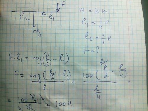 Доска массой 10 кг подперта на расстоянии 1/4 ее длины. какую силу перпендикулярно к доске нужно при