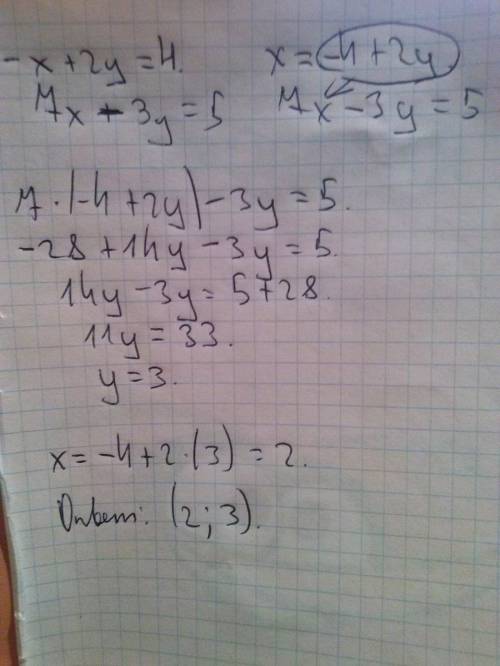 Решите систему уравнений методом подстановки -x+2y=4 7x-3y=5