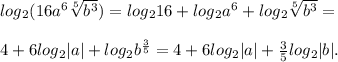 log{_2}(16a^{6} \sqrt[5]{b^{3} }) = log{_2}16+log{_2}a^{6} +log{_2}\sqrt[5]{b^{3} } =\\\\4+ 6log{_2}|a|+log{_2}b^{\frac{3}{5} } =4+6log{_2}|a| +\frac{3}{5} log{_2}|b|.