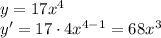 y=17x^4\\y'=17\cdot4x^{4-1} = 68x^3