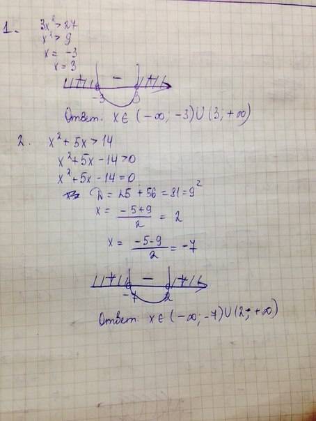 Решите неравенство: 1) 3x^2> 27. 2)x^2+5x> 14