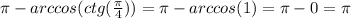 \pi -arccos(ctg(\frac{\pi }{4}))= \pi -arccos(1)= \pi -0= \pi