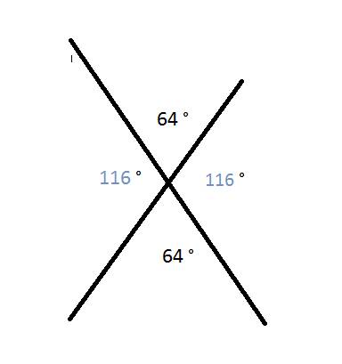 При пересечении двух прямых один из углов равен 64° найдите образовавшийся тупые углы