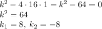 k^2-4\cdot16\cdot1=k^2-64=0\\k^2=64\\k_1=8,\;k_2=-8