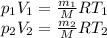 p_1 V_1= \frac{m_1}{M} RT_1 \\ p_2 V_2= \frac{m_2}{M} RT_2