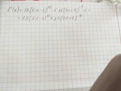 Найдите производную функции f(x)=(5x-2)^13-(4x+7)^-6