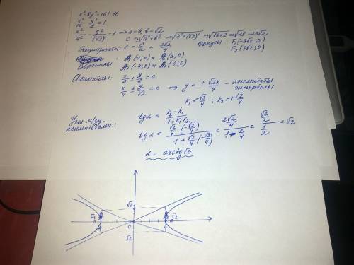 Решить , . построить гиперболы x^2-8y^2=16 и ее асимптоты . найти фокусы, эксцентриситет и угол межд