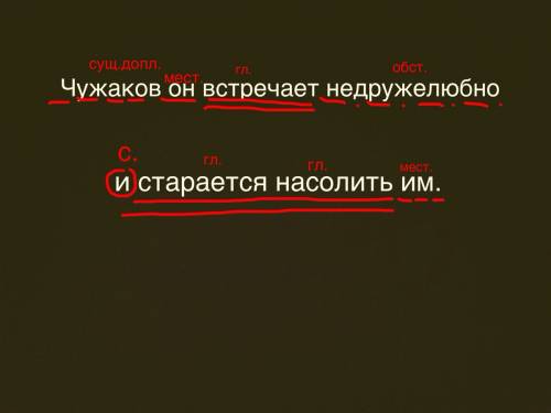 Разберите предложение по составу.чужаков он встречает недружелюбно и старается насолить им