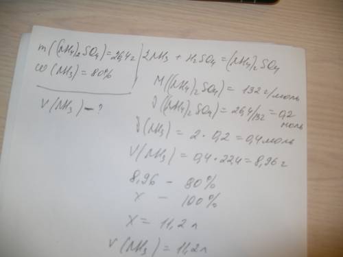 Объем аммиака понадобится для образования аммоний сульфата массой 26.4 г если аммиак расходуется тол