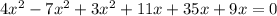 4 x^{2} -7 x^{2} +3 x^{2} +11x+35x+9x=0