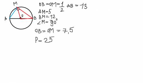Ав- диаметр окружности с центром о, м - точка этой окружности. найдите периметр треугольника вом, ес